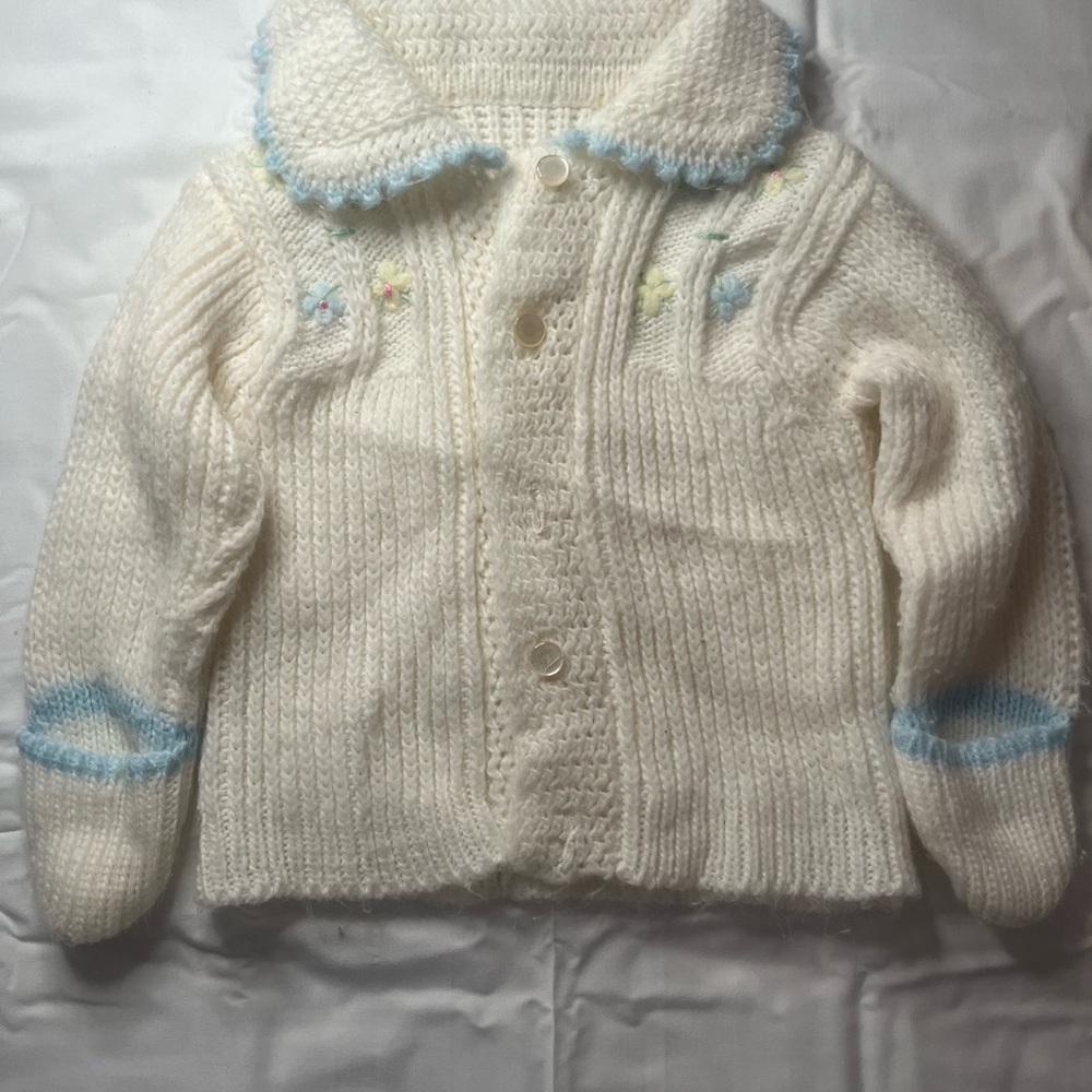 Vintage White Crochet Knit Kids Sweater with Blue Accent